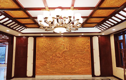 阜沙镇中式别墅客厅中式木作横梁吊顶装饰展示